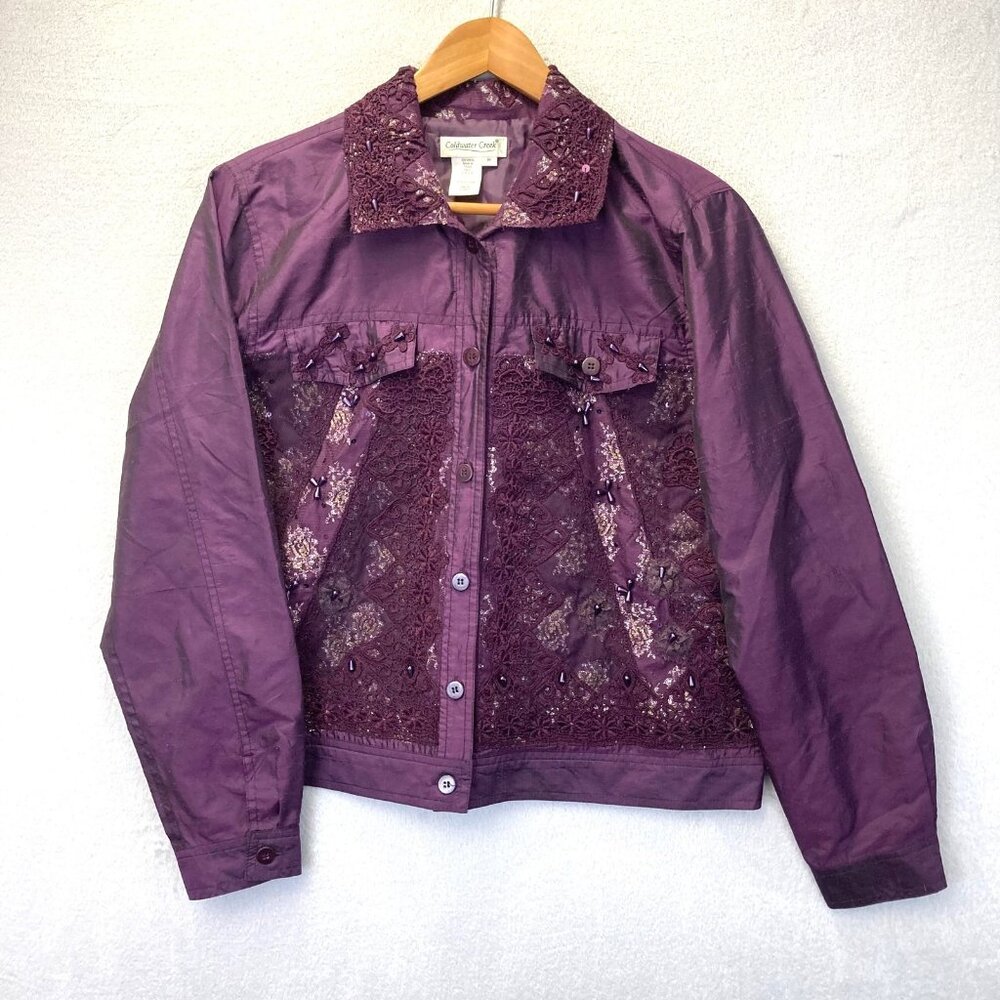 Coldwater Creek Silk Blend Embroidered Beaded Jacket Womens Medium Purple Artsy